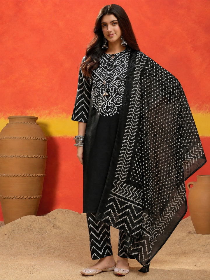 Bandhej Printed Cotton Straight Kurta Pant Dupatta Set