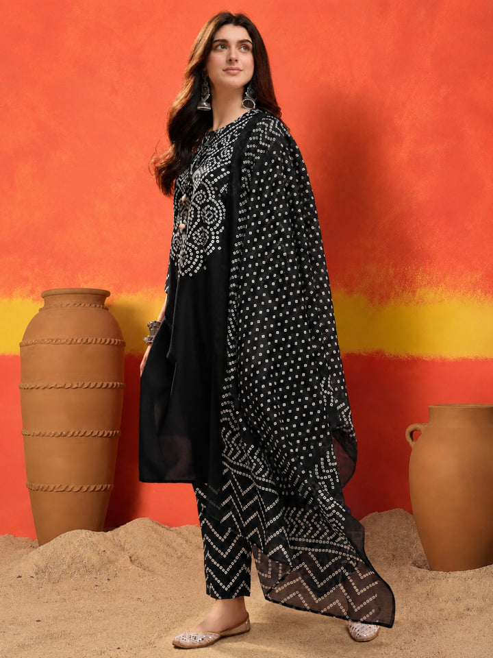 Bandhej Printed Cotton Straight Kurta Pant Dupatta Set