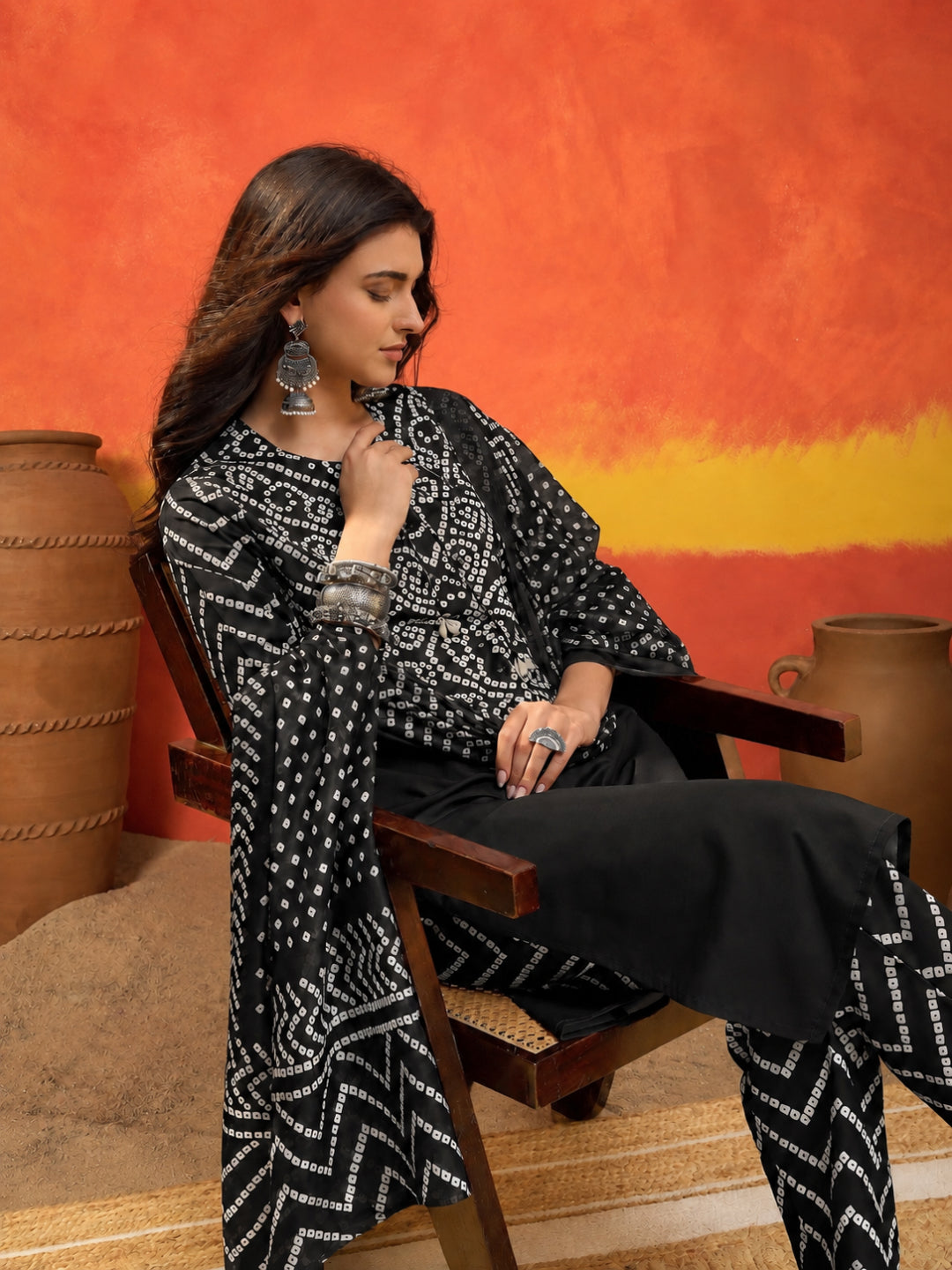 Bandhej Printed Cotton Straight Kurta Pant Dupatta Set