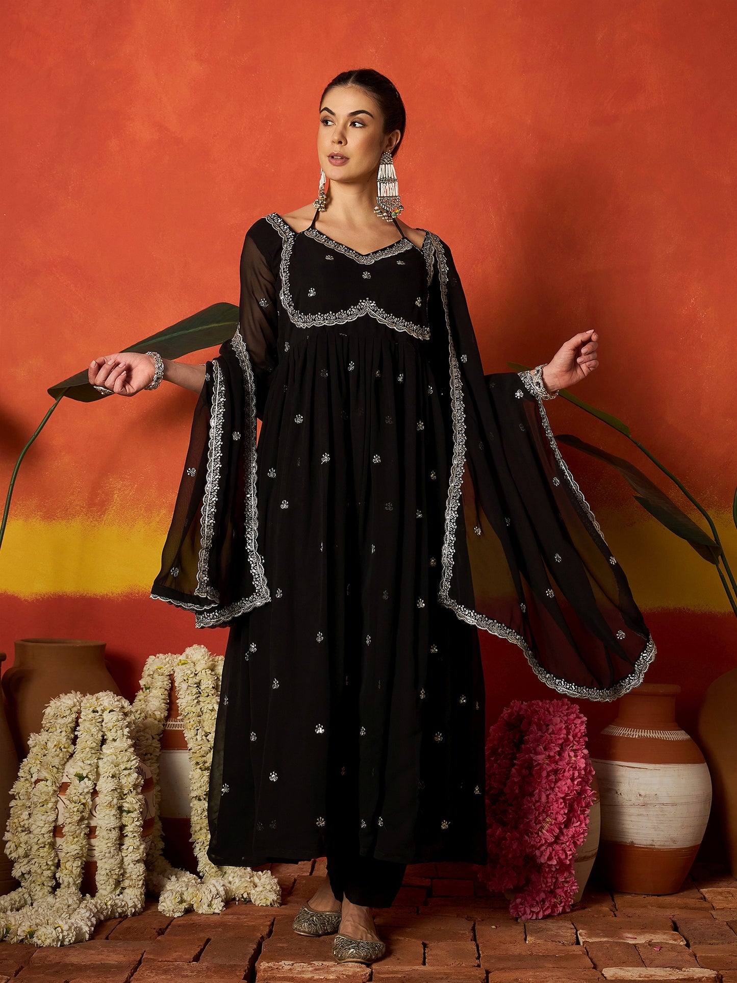 Solid & Embroidered Georgette Anarkali Kurta Pant With Dupatta