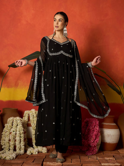 Solid & Embroidered Georgette Anarkali Kurta Pant With Dupatta