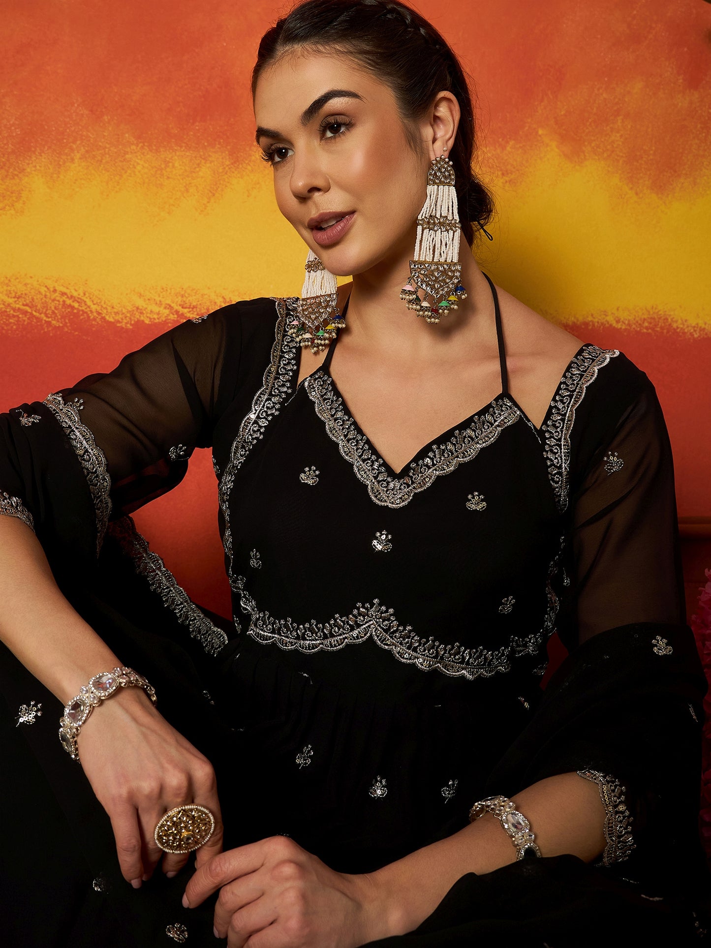 Solid & Embroidered Georgette Anarkali Kurta Pant With Dupatta