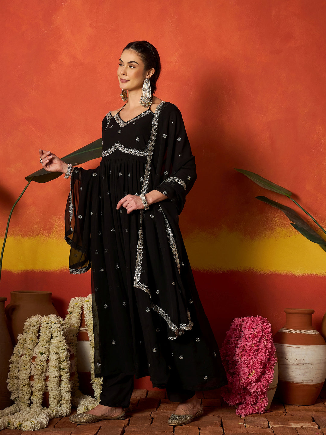 Solid &amp; Embroidered Georgette Anarkali Kurta Pant With Dupatta