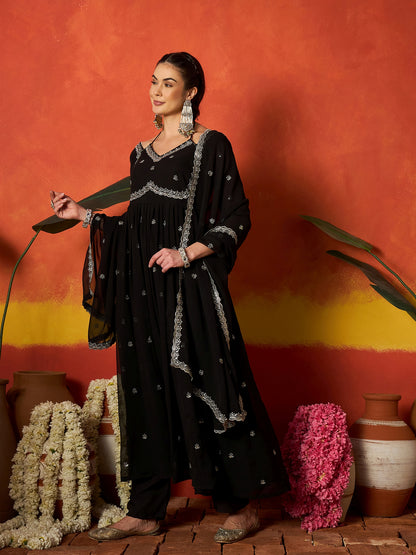Solid & Embroidered Georgette Anarkali Kurta Pant With Dupatta