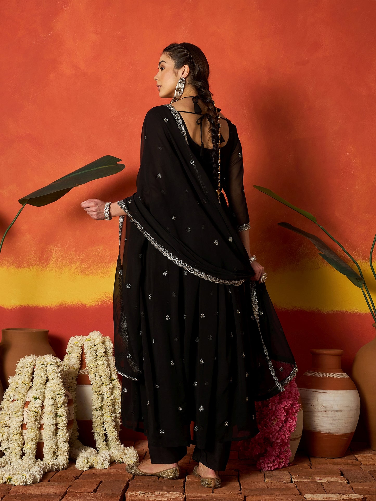 Solid & Embroidered Georgette Anarkali Kurta Pant With Dupatta
