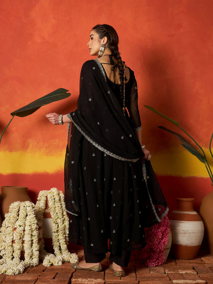 Solid & Embroidered Georgette Anarkali Kurta Pant With Dupatta