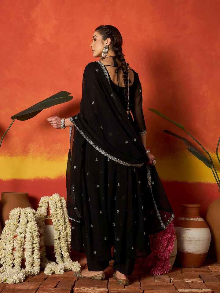 Solid &amp; Embroidered Georgette Anarkali Kurta Pant With Dupatta