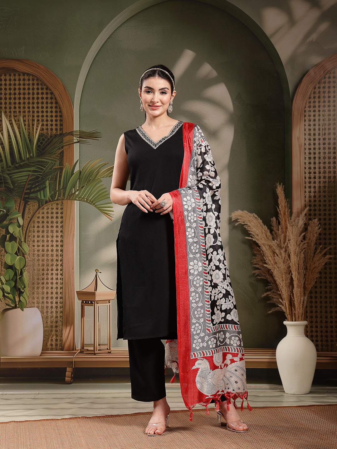 Back Solid Rayon Straight Kurta Pant Dupatta Set