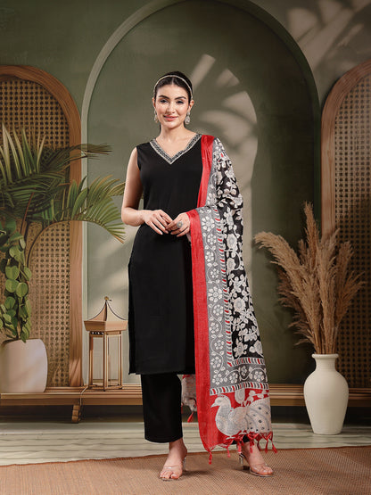 Back Solid Rayon Straight Kurta Pant Dupatta Set