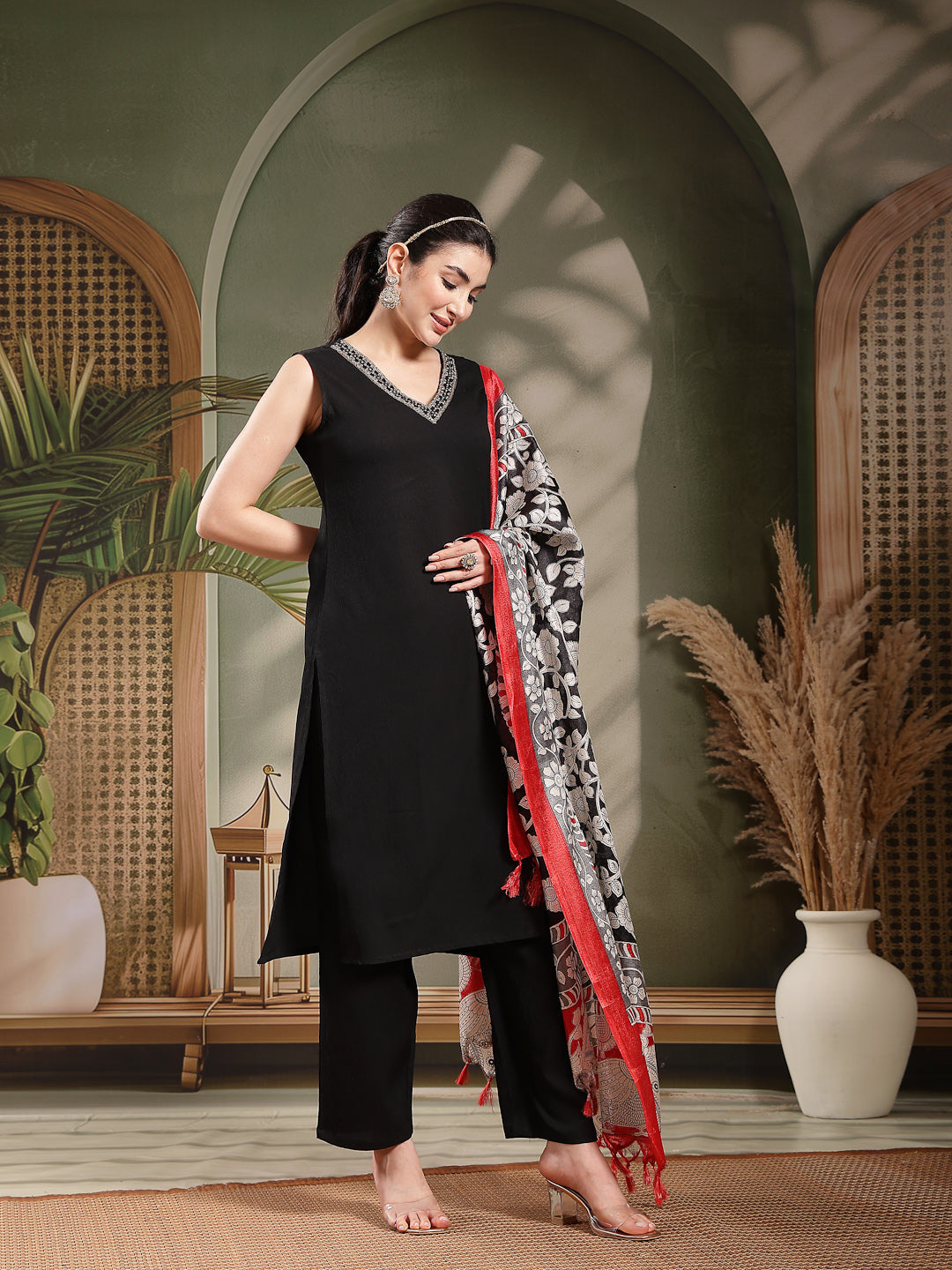 Back Solid Rayon Straight Kurta Pant Dupatta Set