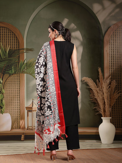 Back Solid Rayon Straight Kurta Pant Dupatta Set