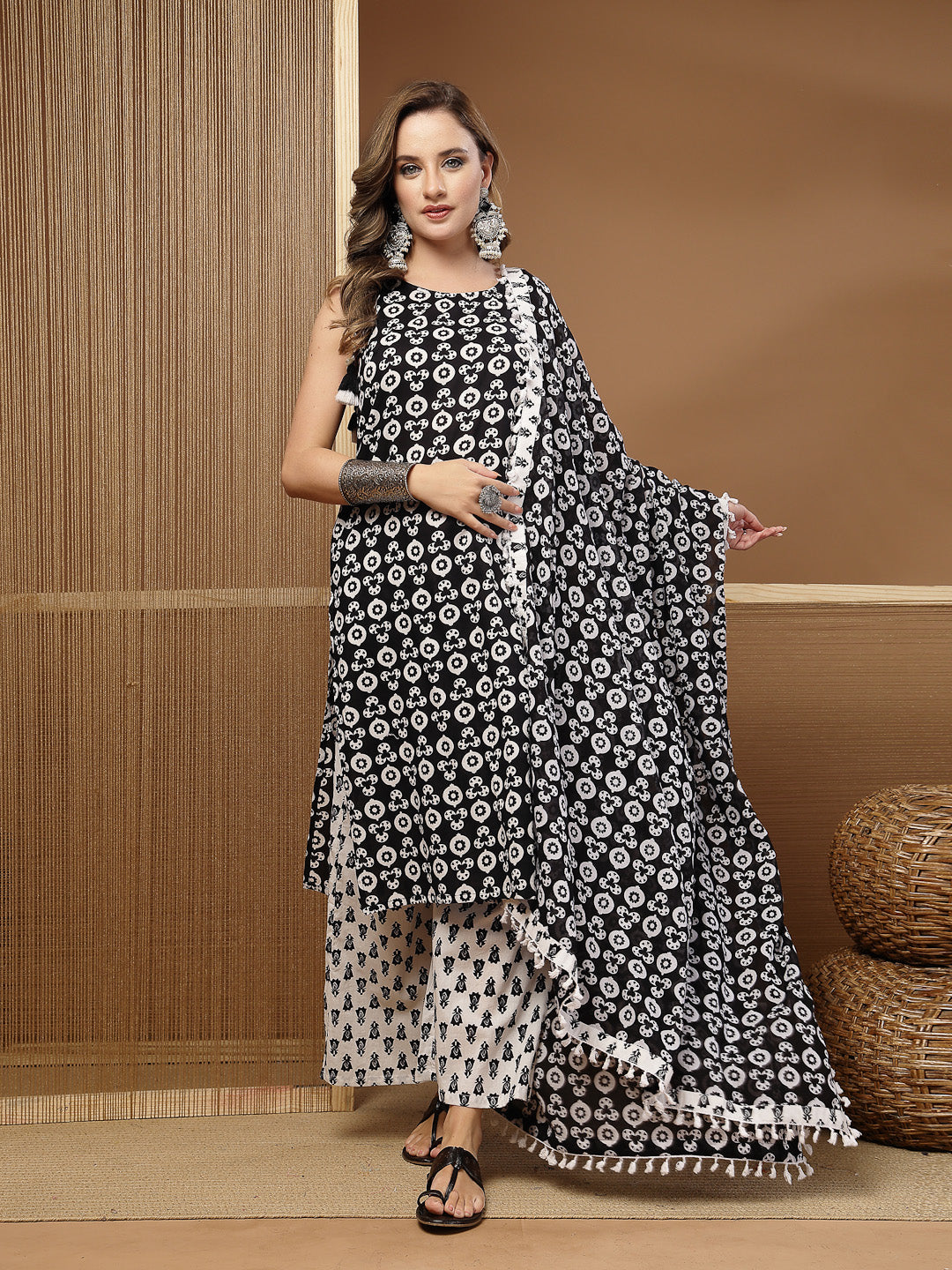 Ethnic Motif Printed Cotton Straight Kurta Palazzo Dupatta Set