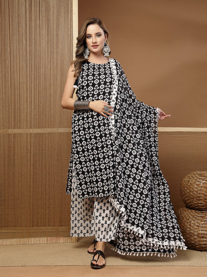 Ethnic Motif Printed Cotton Straight Kurta Palazzo Dupatta Set