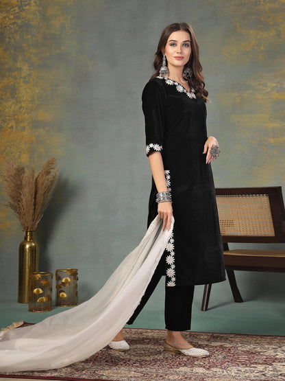 Black Solid & Embroidered Velvet Straight Kurta Pant Dupatta Set (Pre-Order)