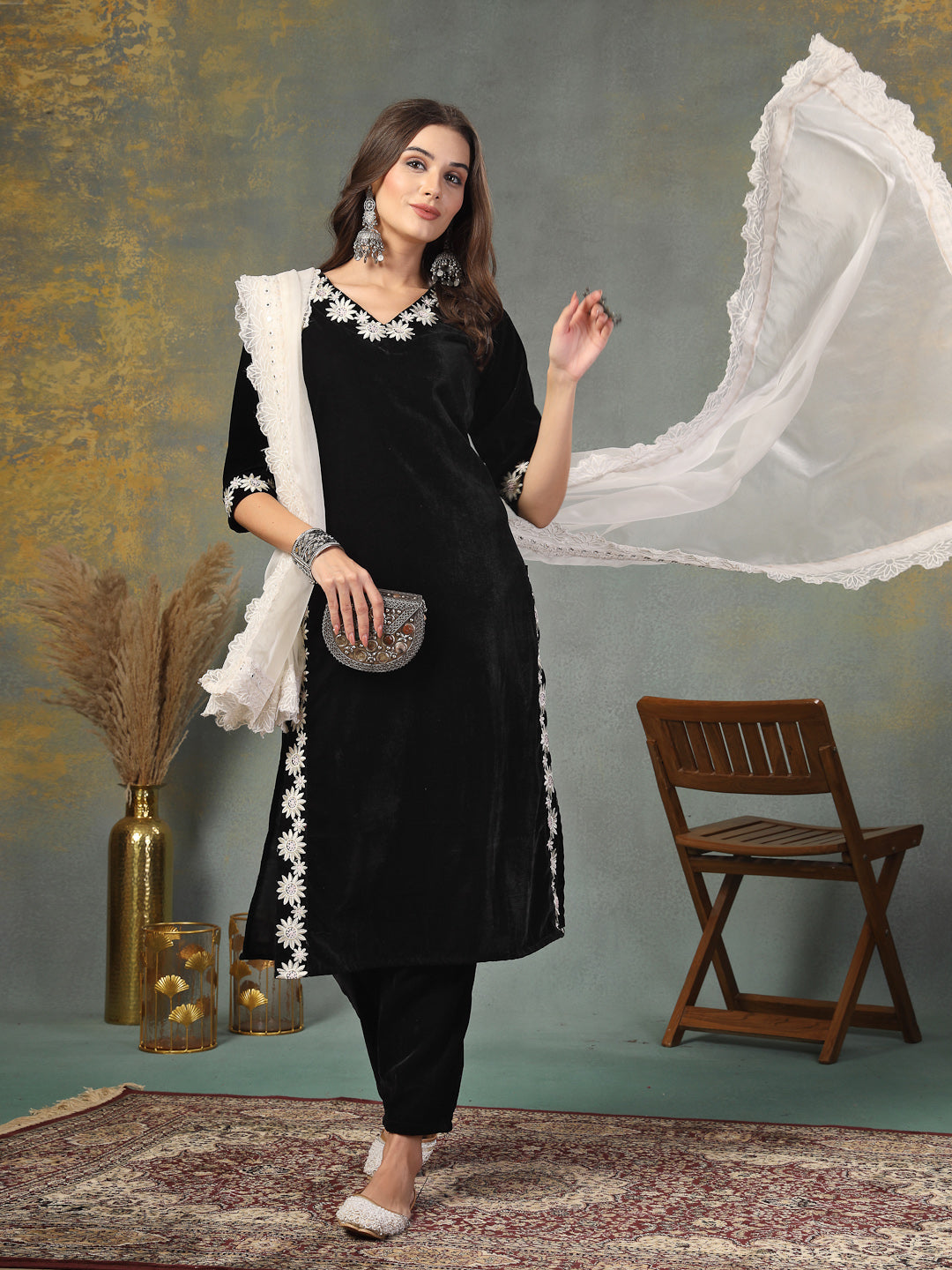 Black Solid & Embroidered Velvet Straight Kurta Pant Dupatta Set