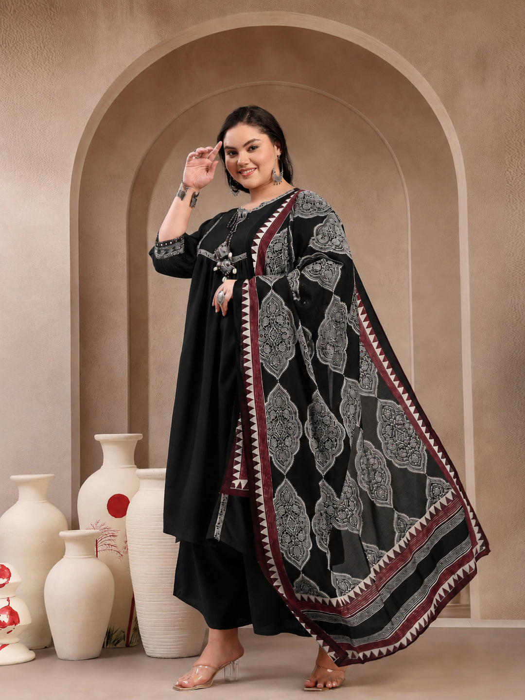 Size Black Solid Rayon A-Line Kurta Pant Dupatta Set
