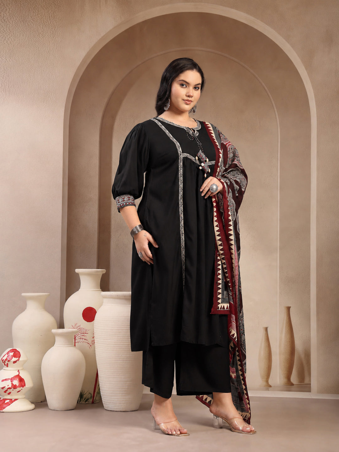 Size Black Solid Rayon A-Line Kurta Pant Dupatta Set