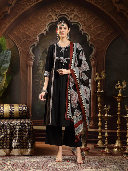 Black Solid Rayon A-Line Kurta Pant Dupatta Set (Pre-Order)