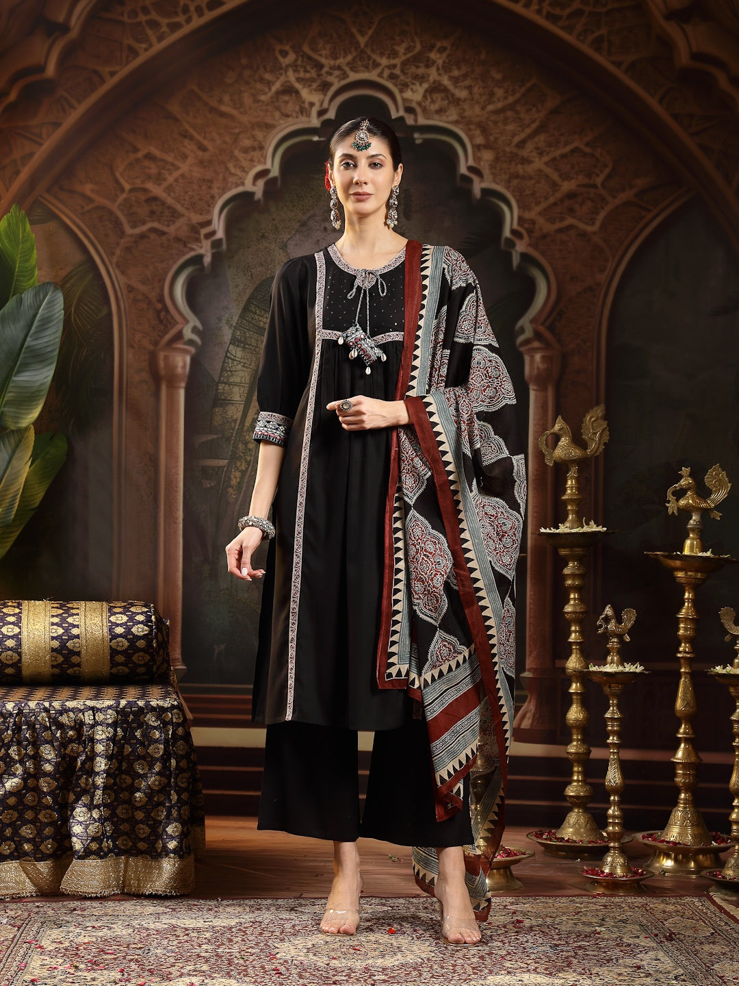 Black Solid Rayon A-Line Kurta Pant Dupatta Set