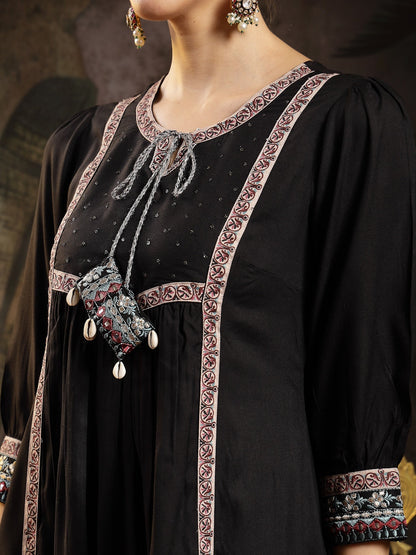 Black Solid Rayon A-Line Kurta Pant Dupatta Set (Pre-Order)