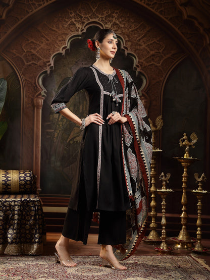 Black Solid Rayon A-Line Kurta Pant Dupatta Set