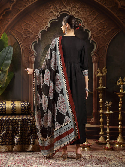 Black Solid Rayon A-Line Kurta Pant Dupatta Set (Pre-Order)