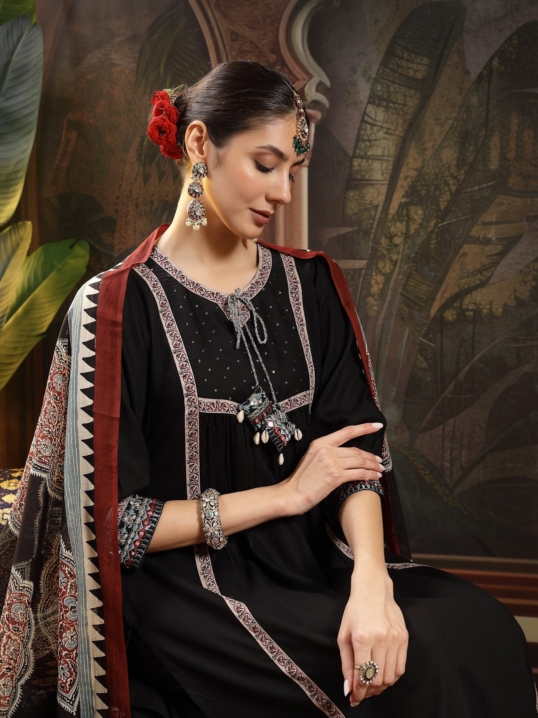 Black Solid Rayon A-Line Kurta Pant Dupatta Set (Pre-Order)