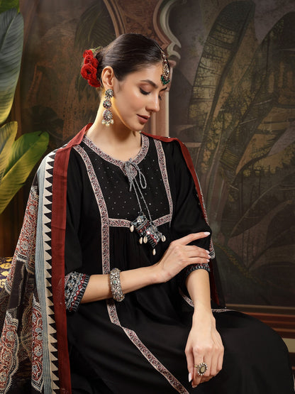 Black Solid Rayon A-Line Kurta Pant Dupatta Set