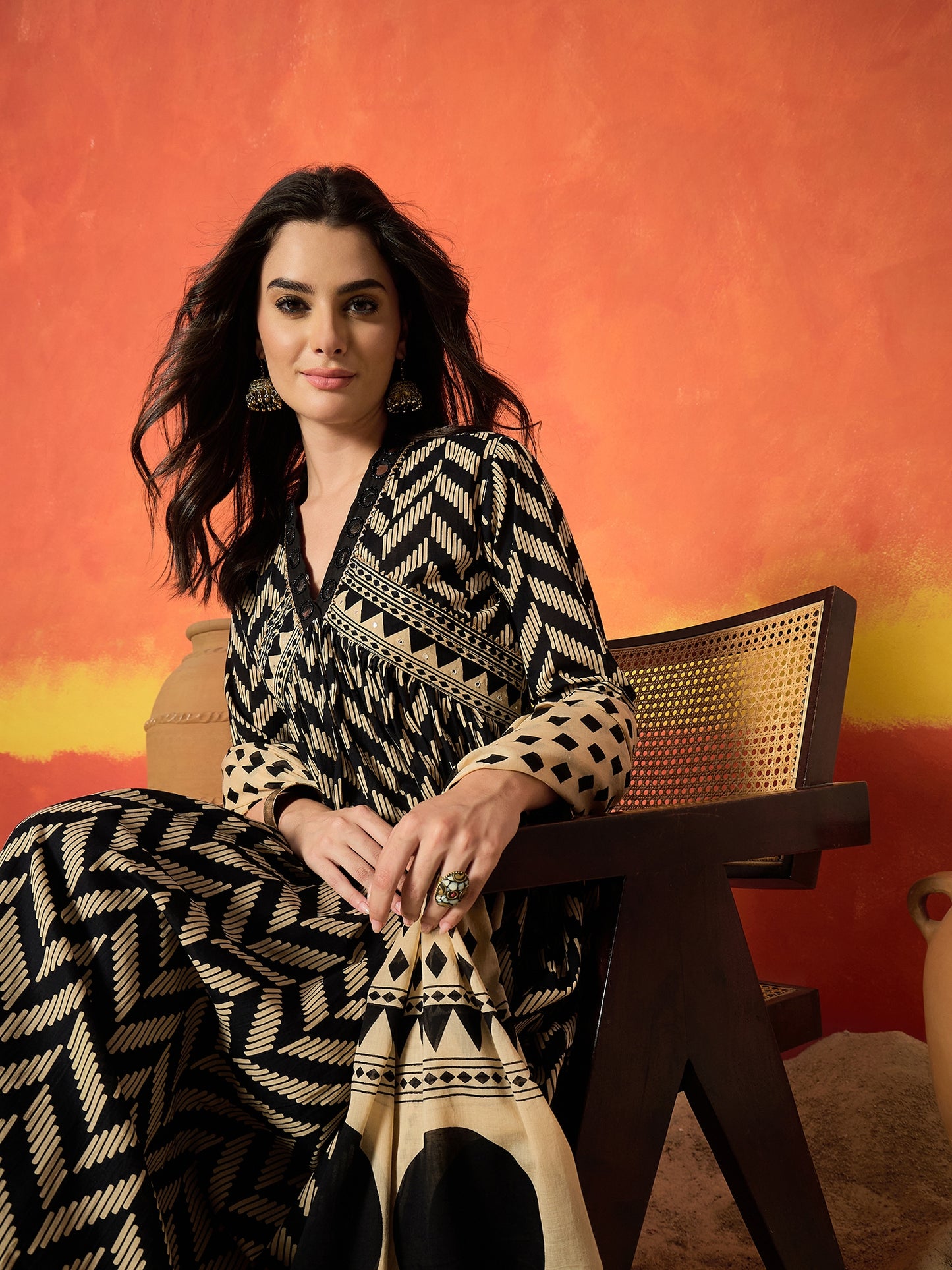 Chevron Printed Cotton Anarkali Kurta Pant Dupatta Set