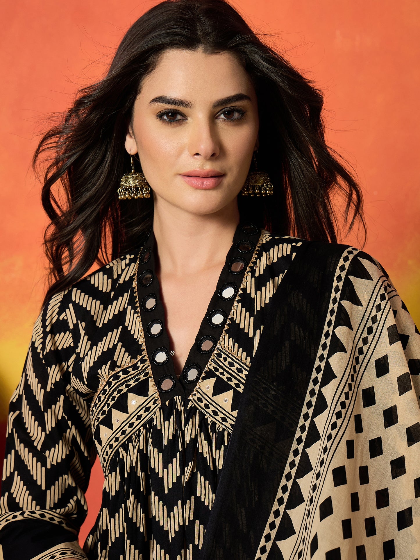Chevron Printed Cotton Anarkali Kurta Pant Dupatta Set