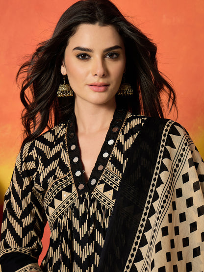 Chevron Printed Cotton Anarkali Kurta Pant Dupatta Set