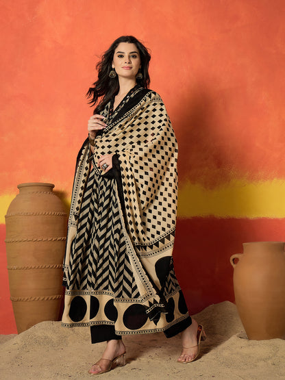 Chevron Printed Cotton Anarkali Kurta Pant Dupatta Set