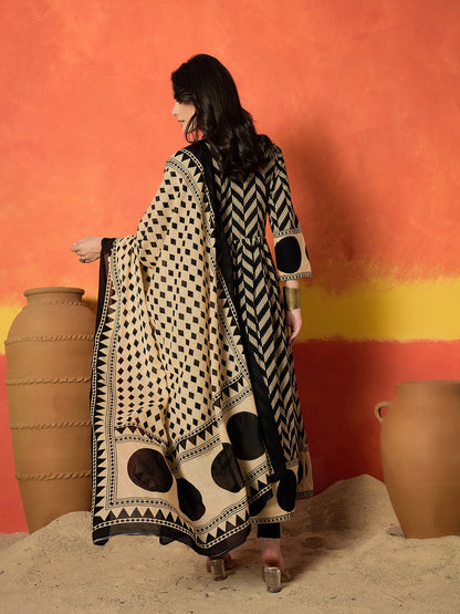 Chevron Printed Cotton Anarkali Kurta Pant Dupatta Set
