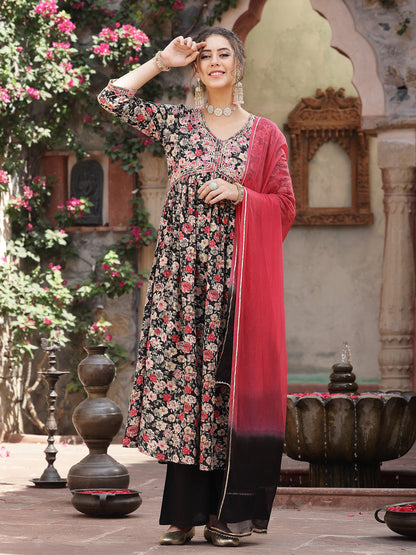 Black Floral Printed & Embroidered Rayon Flared Kurta Palazzo Dupatta Set
