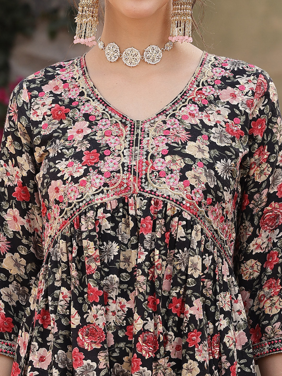 Black Floral Printed & Embroidered Rayon Flared Kurta Palazzo Dupatta Set