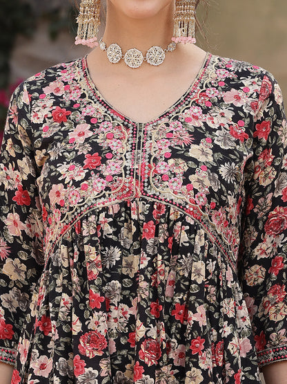 Black Floral Printed & Embroidered Rayon Flared Kurta Palazzo Dupatta Set