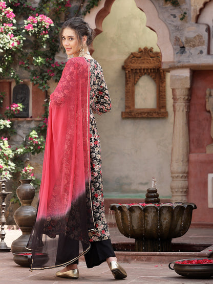 Black Floral Printed & Embroidered Rayon Flared Kurta Palazzo Dupatta Set