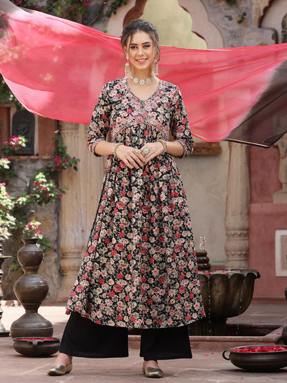Black Floral Printed & Embroidered Rayon Flared Kurta Palazzo Dupatta Set