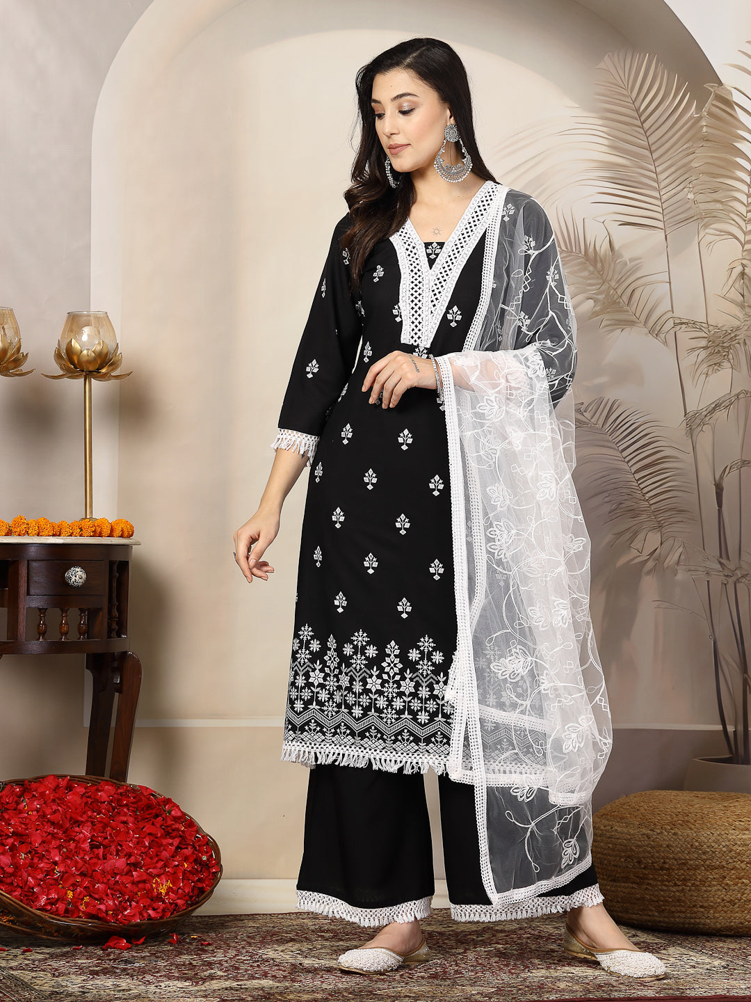 Black Ethnic Printed Rayon A-Line Kurta Palazzo Dupatta Set (Pre-Order)