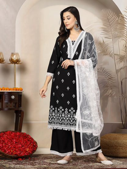 Black Ethnic Printed Rayon A-Line Kurta Palazzo Dupatta Set (Pre-Order)