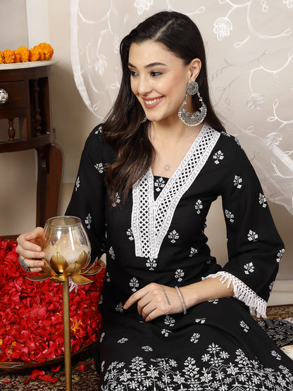Black Ethnic Printed Rayon A-Line Kurta Palazzo Dupatta Set (Pre-Order)