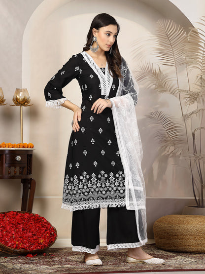 Black Ethnic Printed Rayon A-Line Kurta Palazzo Dupatta Set (Pre-Order)