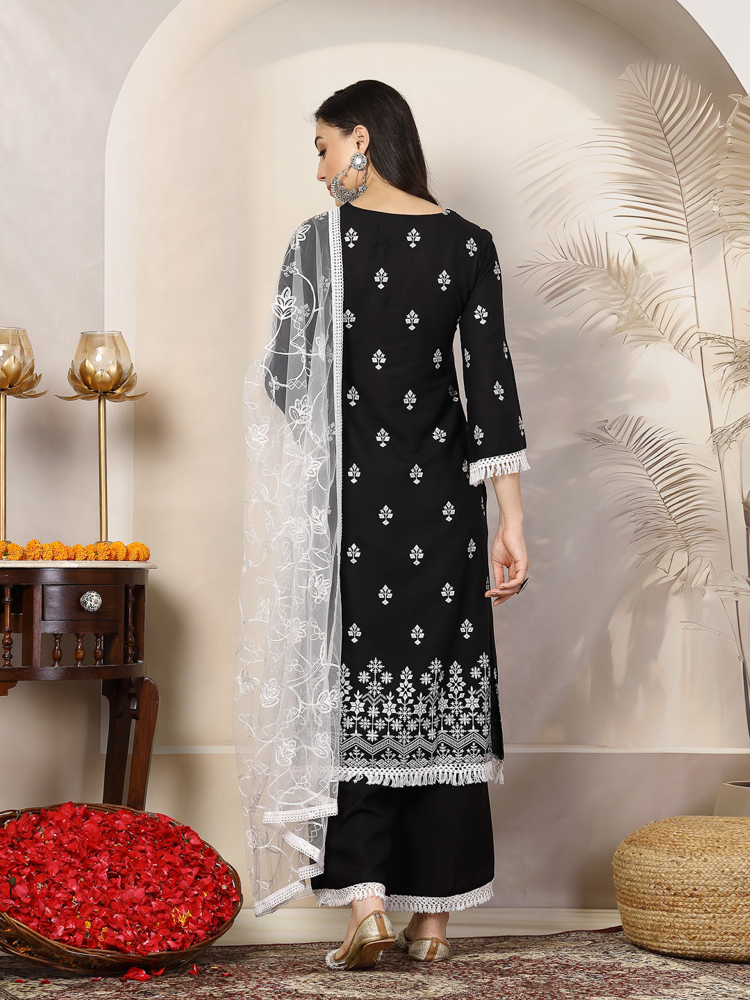 Black Ethnic Printed Rayon A-Line Kurta Palazzo Dupatta Set (Pre-Order)
