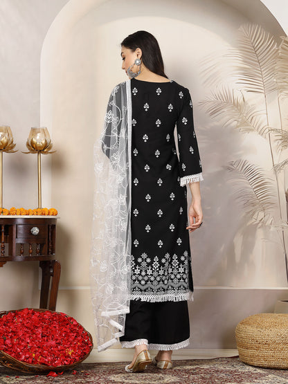Black Ethnic Printed Rayon A-Line Kurta Palazzo Dupatta Set (Pre-Order)