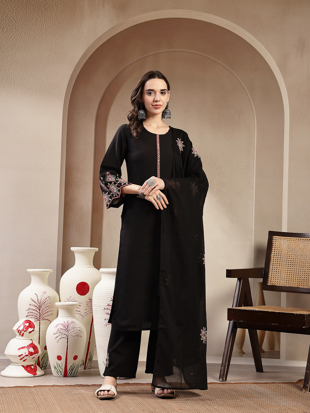 Black Solid & Embroidered Cotton Flax Straight Kurta Pant Dupatta Set (Pre-Order)