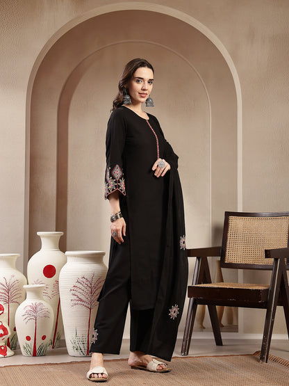 Black Solid & Embroidered Cotton Flax Straight Kurta Pant Dupatta Set (Pre-Order)