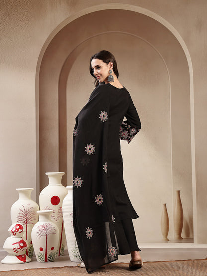 Black Solid & Embroidered Cotton Flax Straight Kurta Pant Dupatta Set (Pre-Order)