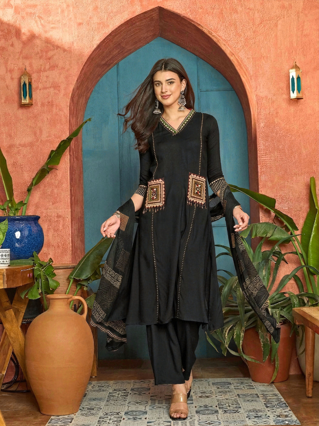 Solid Rayon A-Line Kurta Pant Dupatta Set