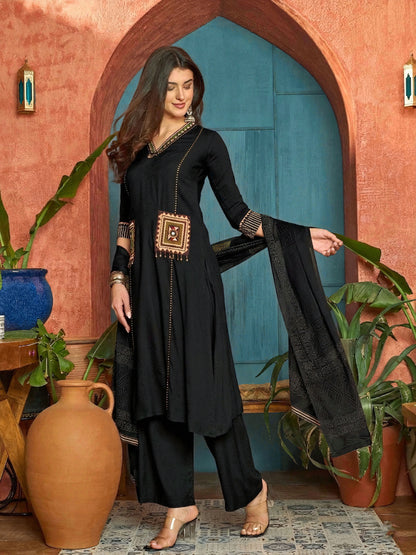 Solid Rayon A-Line Kurta Pant Dupatta Set