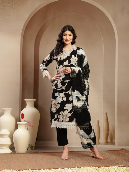Black Floral Printed Rayon Straight Kurta Pant Dupatta Set